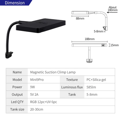Dimensional diagram and technical data of LED lighting Week Aqua Mini 9 Pro for nano aquarium